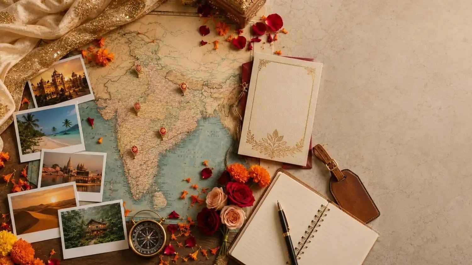 India destination wedding travel planning flat lay with vintage map of India, travel notebook, invitation card, compass, destination photo cards, flowers, and luggage tag.