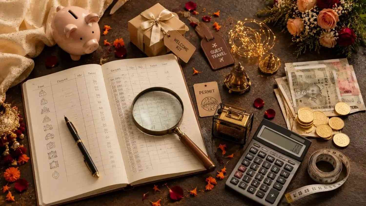 Indian destination wedding budget planning flat lay with notebook, magnifying glass, calculator, piggy bank, Indian currency, gift box, fairy lights, and wedding planning accessories.